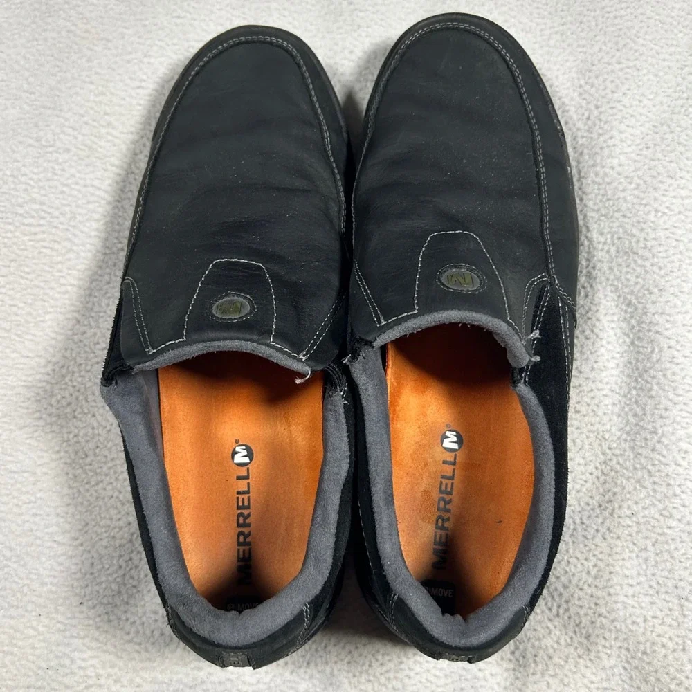 Merrell Traveler Rove Mens Size 11 Black Leather Slip On Comfort Shoes J42109